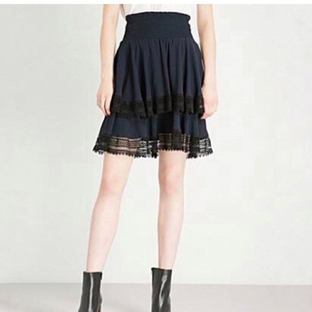 Maje Jaglia Navy Smocked Lace-Trim Tiered Skirt